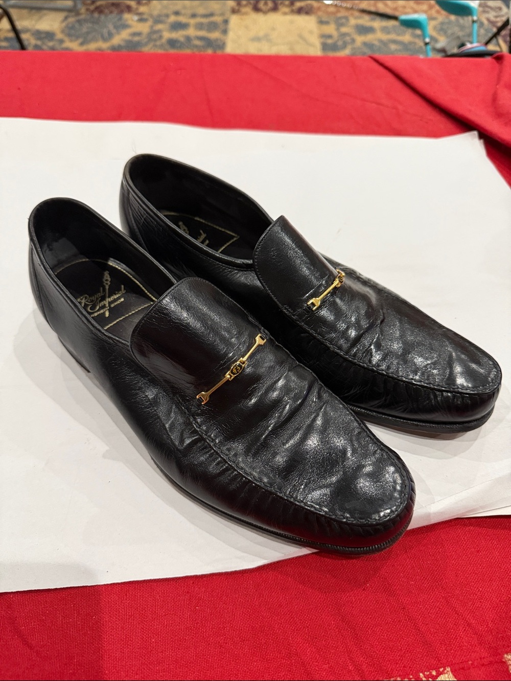Florsheim Black Leather Slip-On Loafers with Gold Bit